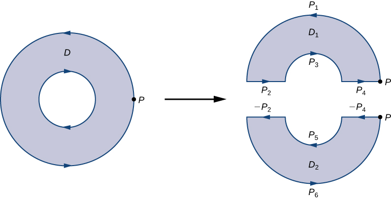 A diagram of an annulus – a circular region with a hole in in like a donut. Its boundary is oriented counterclockwise. One point P on the outer boundary is labeled. It is the right endpoint of the horizontal diameter. The annulus is split horizontally down the middle into two separate regions that are each simply connected. Point P is labeled on both of these regions, D1 and D2. Each region has boundaries oriented counterclockwise. The upper curve of D1 is labeled P1, the left flat side is P2, the lower curve is P3, and the right flat side is P4. The lower curve of D2 is P6, the left flat side is –P2, the upper curve is P5, and the right flat side is –P4.