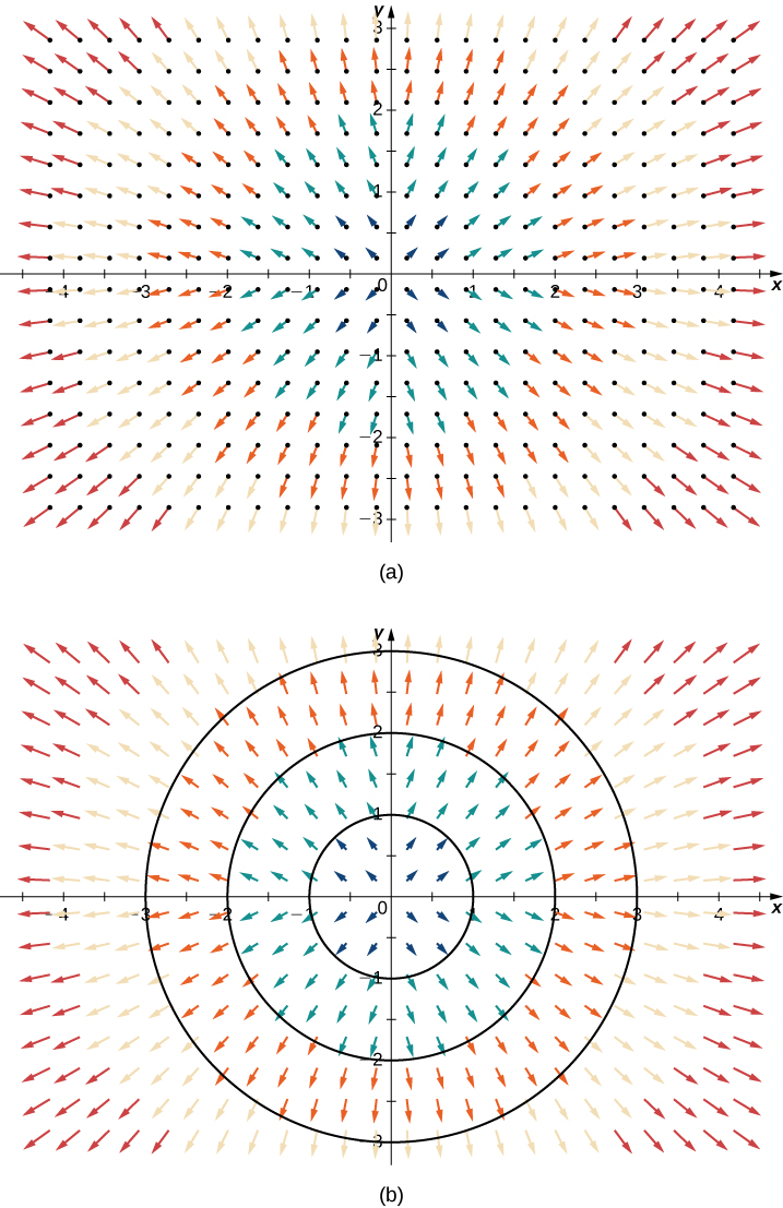 Visual representations of a radial vector field on a coordinate field. The arrows are stretching away from the origin in a radial pattern. The magnitudes increase the further the arrows are from the origin, so the lines are longer. The second version shows concentric circles around the origin to highlight the radial pattern.