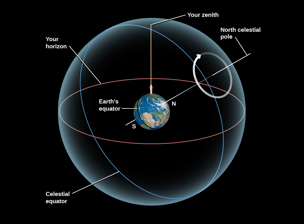 Circles on the Celestial Sphere. At the center of this figure the Earth is shown with the Equator, North, and South poles labeled. The Earth is tilted so that the North Pole is pointing toward the upper right. The Earth is embedded within a sphere representing the sky. A white line is drawn projecting from the North Pole onto the sky, at which point it is labeled the “North celestial pole”. A white circular arrow is drawn counter-clockwise around the North celestial pole indicating the apparent motion of the stars. The equator is projected onto the sky, drawn in white and is labeled the “Celestial equator”. An oversized human figure stands in North America, with a vertical line drawn upward and intersects the sky sphere at a point labeled “Your zenith”, and is drawn in yellow. The horizon as seen from the vantage point of the figure is projected onto the sky, labeled “Your horizon”, and is drawn in red. This horizon line splits the sky roughly in half from the observer’s point of view.