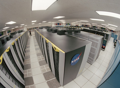 Photograph of the rows of supercomputers at NASA’s Ames Research Center.