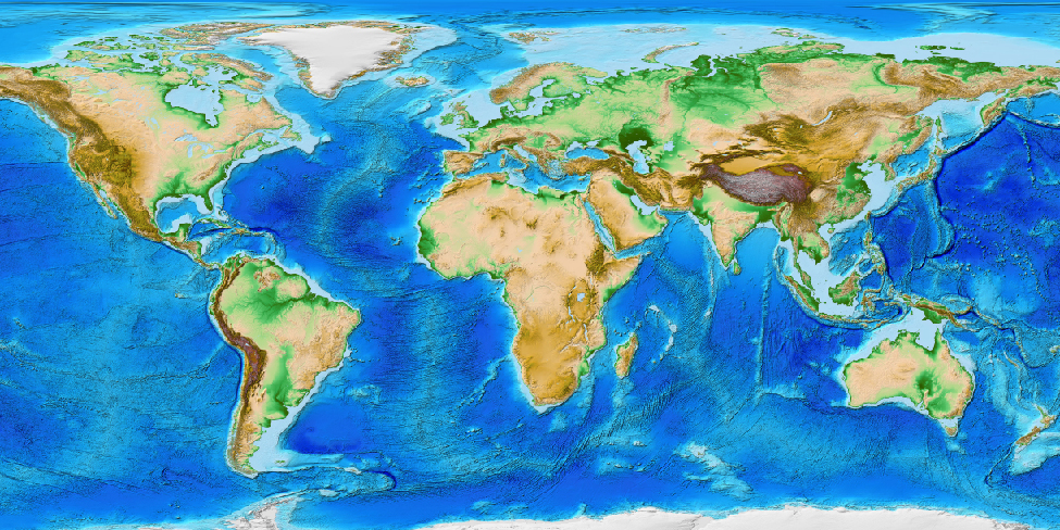 Computer-generated image of the entire Earth’s crust, including the details of the ocean floor.