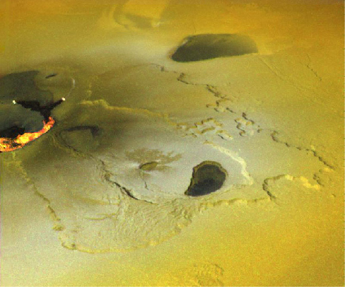 An image of lava fountains on Io, with hot lava erupting below ground.