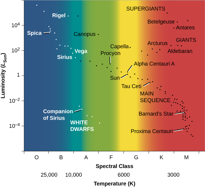 An H–R Diagram for a Selected Sample of Stars. In this graph the vertical axis is labeled “Luminosity (LSun)”, running from 10-4 to 104 in increments of 102. The horizontal axis is labeled “Spectral class”, and is divided into seven equal length units. From left to right they are labeled “O”, “B”, “A”, “F”, “G”, “K” and “M”. The horizontal axis is also labeled “Temperature (K)”, running from 25,000 on the left to 3,000 on the right. The background of the graph is colored to represent temperature. The O-B section is blue, the A and most of F is green, G is yellow and the K-M section is red. The stars plotted in the diagram fall into four distinct groups. At lower left between spectral types A and F are the “White Dwarfs”. Running diagonally across the entire diagram from upper left to lower right is the “Main Sequence”, where most stars lie. The “Giants” lie on a horizontal line at 102 L(Sun) between spectral types G and M. The “Supergiants” are in the upper right. Many well-known stars are plotted in this diagram. The “Companion of Sirius” is among the white dwarfs. Along the main sequence, from left to right, are ”Spica”, “Vega”, “Sirius”, “Procyon”, “Alpha Centauri A”, “Sun”, “Tau Ceti”, “Barnard’s Star” and “Proxima Centauri”. Along the giant branch from left to right we find “Capella”, “Arcturus” and “Aldebaran”. Finally, the supergiants from left to right, “Rigel”, “Canopus”, “Betelgeuse” and “Antares”.