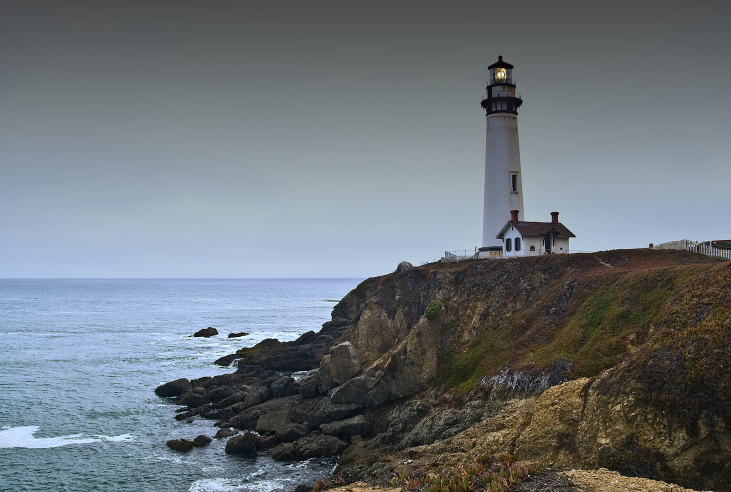 Photograph of a lighthouse on the coast of Japan.