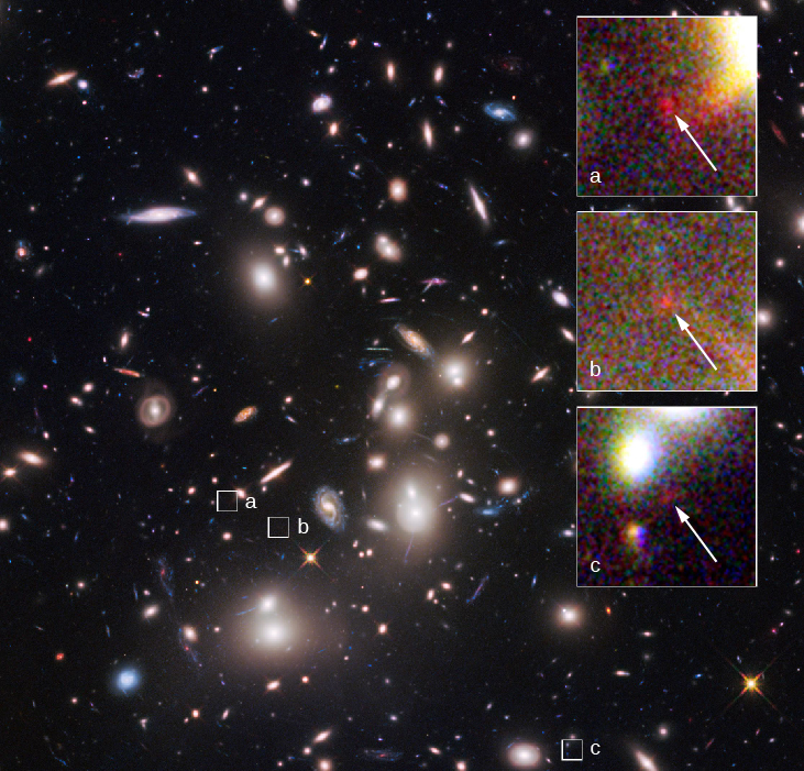 Gravitational Lens/Galaxy Cluster Abell 2744. In this visible light image of the rich galaxy cluster Abell 2744, small white boxes, labeled 