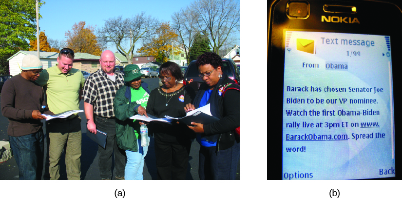 Image A is of a group of people standing and holding binders. Image B is a screenshot of a cell phone screen. The screen reads “Text message from Obama. Barack has chosen Senator Joe Biden to be our VP nominee. Watch the first Obama-Biden rally live at 3pm ET on www.BarackObama.com. Spread the word!”