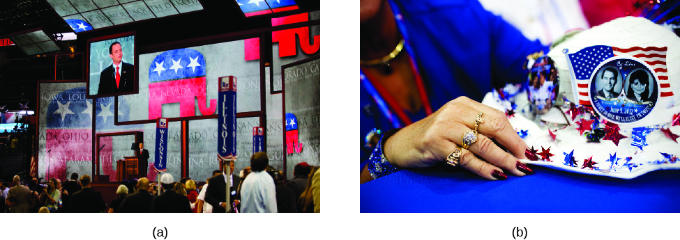 Image A is of Reince Priebus standing at a podium in front of a crowd of people. Behind Priebus is an elephant symbol, colored red and blue with three white stars along its back. Image B is of a hat with an American flag, red and blue stars, and a political pin attached to it.