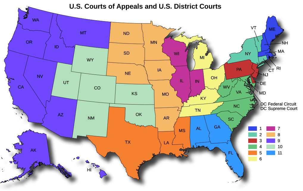 A map of the Unites States titled “U.S. Courts of Appeals and U.S. District Courts”. The map shows the thirteen courts of appeals and the geographical areas those courts cover. The first region covers the states of Maine, New Hampshire, Massachusetts, and Rhode Island. The second region covers the states of Vermont, New York, and Connecticut. The third region covers the states of Pennsylvania, New Jersey, and Delaware. The fourth region covers the states of Maryland, West Virginia, Virginia, North Carolina, and South Carolina. The fifth region covers the states of Mississippi, Louisiana, and Texas. The sixth region covers the states of Michigan, Ohio, Kentucky, and Tennessee. The seventh region covers the states of Wisconsin, Illinois, and Indiana. The eighth region covers the states of North Dakota, South Dakota, Nebraska, Minnesota, Iowa, Missouri, and Arkansas. The ninth region covers the states of Washington, Montana, Idaho, Oregon, California, Nevada, Hawaii, Alaska, and Arizona. The tenth region covers the states of Wyoming, Utah, Colorado, Kansas, Oklahoma, and New Mexico. The eleventh region covers the states of Alabama, Georgia, and Florida. The twelfth court is labeled “DC Federal Circuit” and the thirteenth court is labeled “DC Supreme Court”.