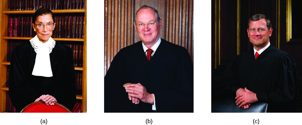 Image A is of Justice Ruth Bader Ginsburg. Image B is of Justice Anthony Kennedy. Image C is of Justice John Roberts.