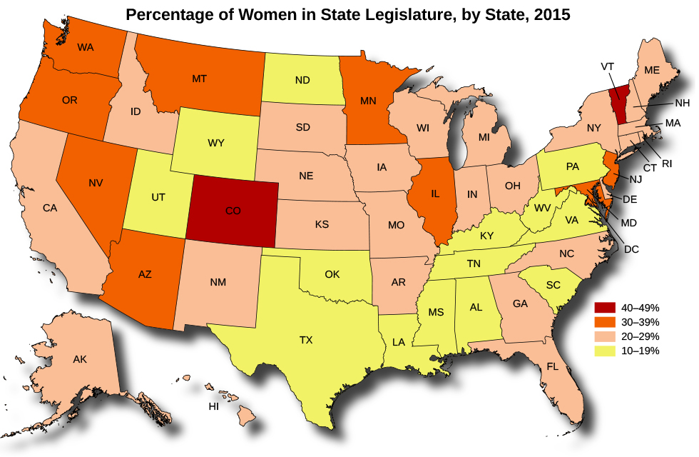 A map of the United States titled “Percentage of Women in State Legislature, but State, 2015”. Colorado and Vermont are marked 40-49%. Washington, Oregon, Nevada, Arizona, Montana, Minnesota, Illinois, Maryland, DC, and New Jersey are marked 30-39%. California, Idaho, Alaska, Hawaii, New Mexico, South Dakota, Nebraska, Kansas, Iowa, Missouri, Arkansas, Wisconsin, Michigan, Indiana, Ohio, Georgia, Florida, North Carolina, New York, Connecticut, Rhode Island, Massachusetts, New Hampshire, and Maine are marked 20-29%. Utah, Wyoming, North Dakota, Oklahoma, Texas, Louisiana, Mississippi, Alabama, Tennessee, Kentucky, South Carolina, Virginia, West Virginia, and Pennsylvania are marked 10-19%.