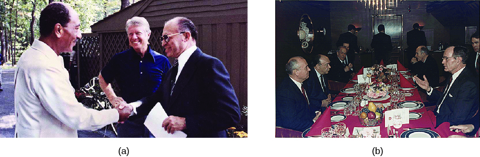 Image A is of Jimmy Carter shaking hands with Anwar El Sadat, with Menachem Begin standing beside them. Image B is of a dinner party with several seated people, including George H. W. Bush and Mikhail Gorbachev.