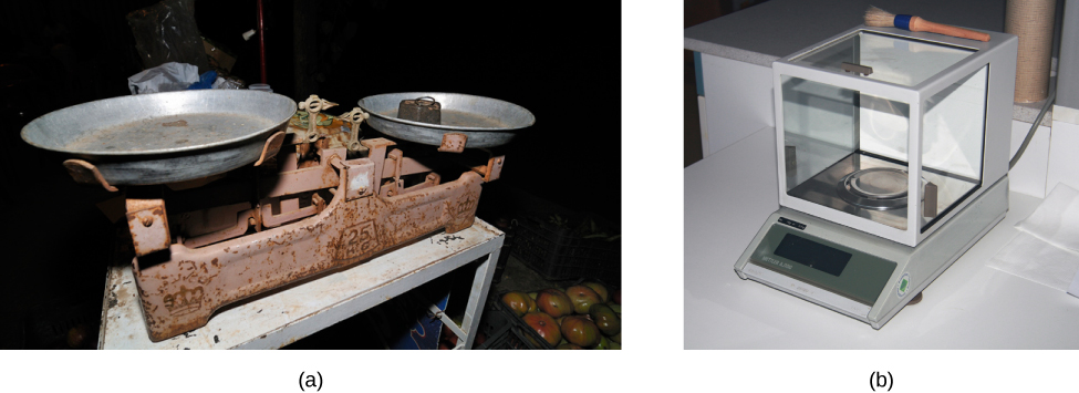 Figure a shows an old rusted double-pan balance with a standard mass on one pan. Figure b shows a modern digital analytical balance.