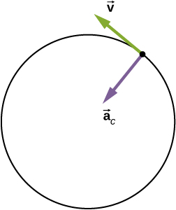 A circle is shown with a purple arrow labeled as vector a sub c pointing radially inward and a green arrow tangent to the circle and labeled v. The arrows are shown with their tails at the same point on the circle.