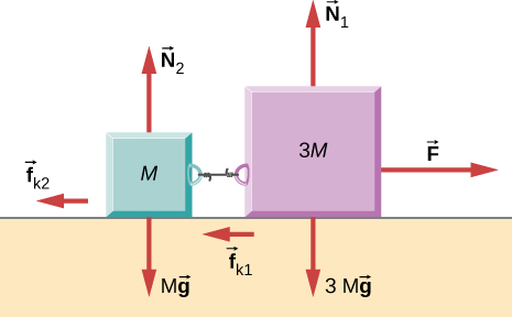 Two blocks, M on the left and 3 M on the right, are connected by a string and are on a horizontal surface. The following forces are indicated: f sub k 2 acting on M and pointing to the right, f sub k 1 acting on 3 M and pointing to the right, F acting on 3 M and pointing to the left, N sub 2 acting on M and pointing up, N sub 1 acting on 3 M and pointing up, M g acting on M and pointing down, , 3 M g acting on 3 M and pointing down.