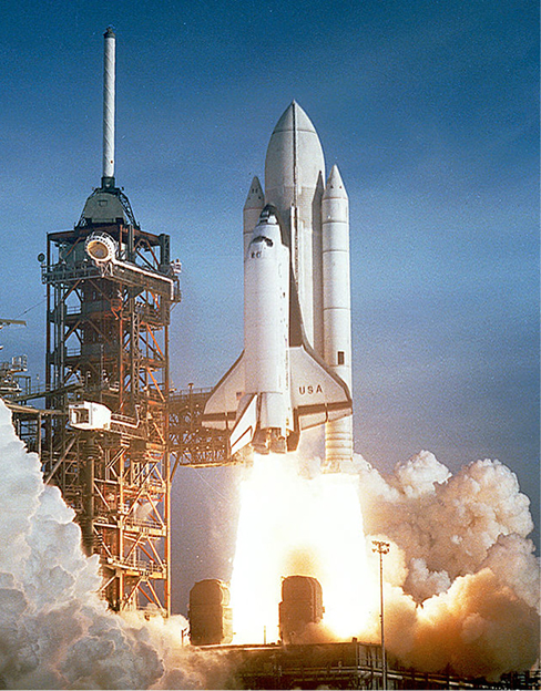 A photograph of the space shuttle taking off.