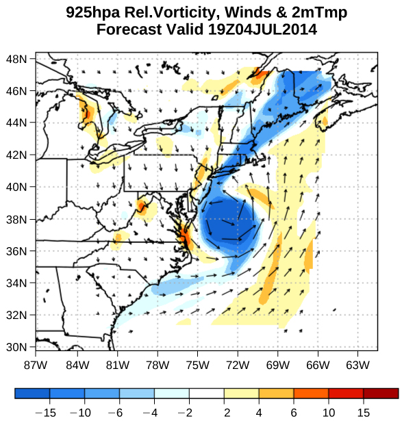 Figure is a pressure map of Hurricane Arthur traveling up the East Coast. The low pressure center is indicated as the blue dot. Wind speed is highest near the low pressure center with the winds moving in a counterclockwise direction around it.