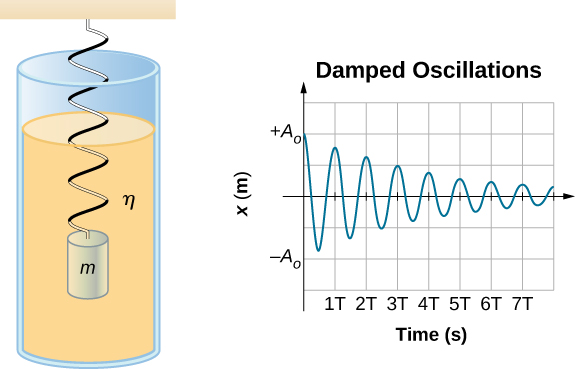 A mass m is suspended from a vertical spring and immersed in a fluid that has viscosity eta. A graph of the damped oscillation shows the displacement x in meters on the vertical axis as a function of time in seconds on the horizontal axis. The range of x is from minus A sub zero to plus A sub zero. The time scale is from zero to 7 T, with tics at increments of T. The displacement is plus A sub zero at time zero and oscillates between positive maxima and negative minima, with each full cycle taking the same time T but the amplitude of the oscillations decreasing with time.