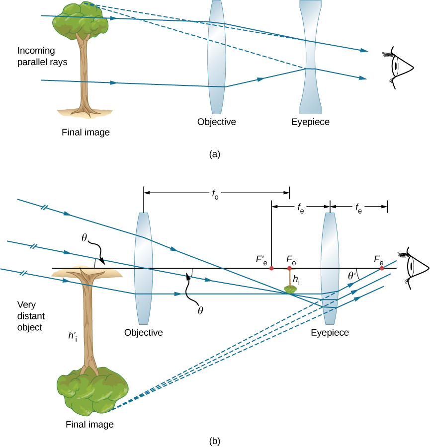 Figure a shows incoming parallel rays from the left entering a bi-convex lens labeled objective. From here, they deviate towards each other and enter a bi-concave lens labeled eyepiece, through which they reach the eye of the observer. The back extensions of the rays reaching the eye converge to the far left at the upright image of a tree, labeled final image. Figure b shows incoming rays at an angle theta to the optical axis entering a bi-convex lens labeled objective from the left of the figure. They converge on the other side at the focal point of the objective to form a tiny, inverted image of a tree. They travel further to enter a bi-convex lens labeled eyepiece. They deviate from here to enter the eye. The rays reaching the eye make an angle theta prime with the optical axis. Their back extensions converge to the far left at an enlarged, inverted image of the tree, labeled final image.