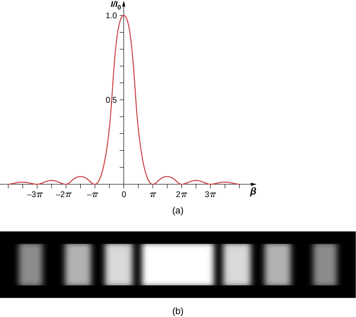 Figure a shows a graph of I by I0 versus beta. There is a crest at the center of the graph at beta equal to 0. The y-value of this is 1. The graph has ripples on both sides of this which grow smaller as you go outwards. The graph has zeroes at minus 3 pi, minus 2 pi, minus pi, pi, 2 pi, 3 pi. Figure b shows a strip with alternating light and dark regions. The central portion is brightest.