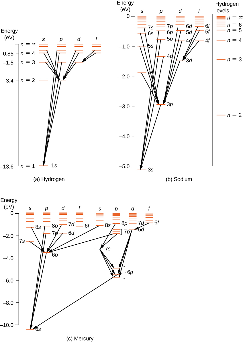 The energy level diagrams for hydrogen, sodium and mercury are shown as horizontal lines. The horizontal lines in this diagram correspond to atomic energy levels, and the transitions are shown by arrows drawn between these levels. Lines belonging to the same subshell (s, p, d, etc) are drawn in a column, and the different subshells are drawn next to each other in columns labeled by the subshell letter. The vertical direction represents the energy in e V. Figure a is the hydrogen spectrum. Columns for the s, p, d and f subshells are shown. The n=1 level has only one subshell, the 1 s state, with energy -13.6 e V. The n=2 level has states in the s and p subshells, with energy -3.4 e V. The n=3 level has states in the s, p and d subshells, with energy -1.5 e V. The n=4 level has states in the s, p, d, and f subshells, with energy -0.85 e V. An infinite number of energy exist for all n to infinity, getting closer and closer together. Several transitions are shown, from the s states at higher n to the p states at n=2, from the p states at higher n to the 1 s state, from the d states at higher n to the 2 p state, and from the f states at higher n to the 2 d state. Figure b is the sodium spectrum, with the energies of the hydrogen n=2 through n=6 states shown to the left for reference. The energy scale is from -5.0 to 0 e V. Columns for the s, p d, and f states are shown. The spacing between the levels is more complex than for hydrogen: the 3 s, 3 p, and 3 d levels have different energies: 3 s is a little below -5 e V, 3 p at about -3 e V, and 3 d at around -1.5 e V. Other states at the same subshell are likewise split. Transitions are shown as for hydrogen, going to lower n and changing subshell by one, f to d, d to p, s to p, etcetera. Figure c is the mercury spectrum. The energy scale is -10.0 to 0 e V. The s, p, d, f states are shown for the two net spin states of the 6 s electrons. As in the case of sodium, the states with different quantum numbers l (that is, different subshells) but the same quantum number n have different energies. In addition, we see the states split further. The one of the 6 p states (the so-called triplet state) splits into three lines which have energies that are close but clearly distinguishable, and the 7 p state for this net spin state also splits into three lines.