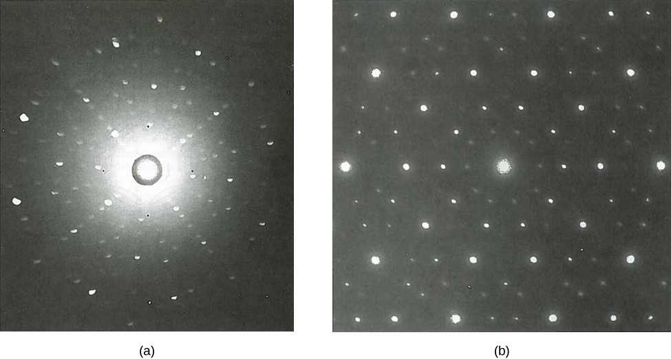 Picture A is a photograph of the diffraction pattern obtained in scattering on a crystalline solid with X-rays. Picture B is a photograph of the diffraction pattern obtained in scattering on a crystalline solid with electrons. Both pictures demonstrate diffracted spots symmetrically arranged around the central beam.