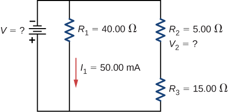 The negative terminal of voltage source V is connected to two parallel branches, one with resistor R subscript 1 of 40 Ω with downward current I subscript 1 of 50 mA and second with R subscript 2 of 5 Ω in series with R subscript 3 of 15 Ω.