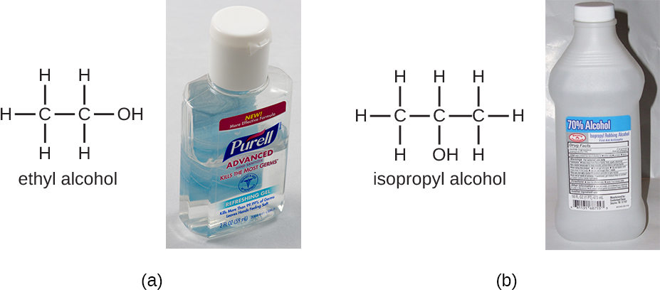 a) Ethyl alcohol has 2 C’s and an OH.  B) Isopropyl alcohol has 3 C’s and an OH.