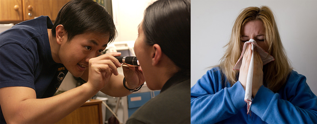 A photo of a medical professional looking in a patient’s mouth. A photo of a person sneezing.