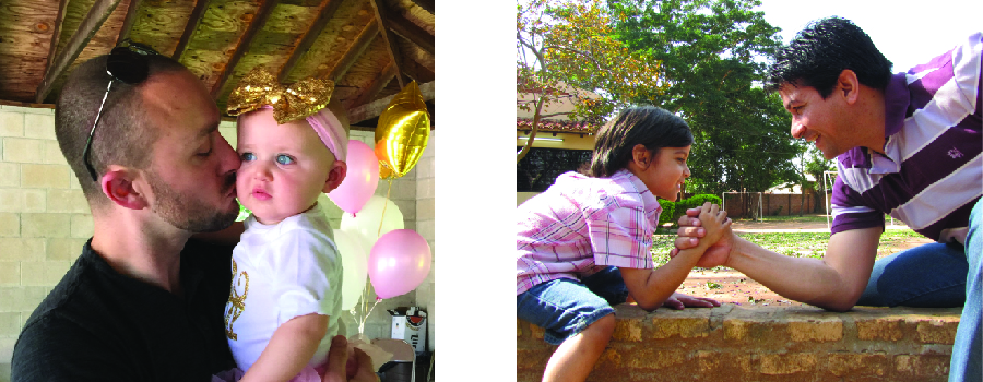 Photo of person kissing a child and one of person playing arm wrestling with a child.