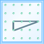 The figure shows a grid of evenly spaced pegs. There are 5 columns and 5 rows of pegs. A rubber band is stretched between the peg in column 2, row 3, the peg in column 2, row 4 and the peg in column 5, row 3, forming a right triangle. The 2, 3 peg forms the vertex of the 90 degree angle and the line from the 2, 4 peg to the 5, 3 peg forms the hypotenuse of the triangle.