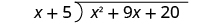 The long division of x squared plus 9 x plus 20 by x plus 5