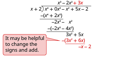 x cubed minus 2 x squared plus 3 x is written on top of the long division bracket. At the bottom of the long division 3 x squared plus 6 x is subtracted to give negative x minus 2. A note reads “It may be helpful to change the signs and add.”