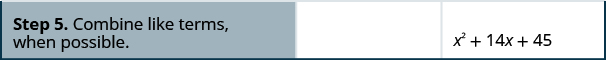 In the final row, the first cell reads “Step 5. Combine like terms, when possible.” The second cell is blank. The third cell contains the final expression: x squared plus 15x plus 45.