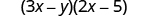 The product of two binomials, 3 x minus y and 2 x minus 5.