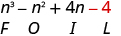 n cubed minus n squared plus 4 n minus 4. Beneath minus 4 is the letter L.