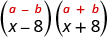 The product of x minus 8 and x plus 8. Above this is the general form a minus b, in parentheses, times a plus b, in parentheses.