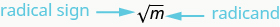 A square root is given, with an arrow to the radical sign (it looks like a checkmark with a horizontal line extending from its long end) denoted radical sign and an arrow to the number under the radical sign, which is marked radicand.