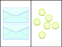This image illustrates a workspace divided into two sides. The content of the left side is equal to the content of the right side. On the left side, there are two envelopes each containing an unknown but equal number of counters. On the right side are six counters.