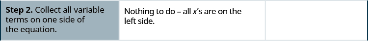 In the second row of the table, the first cell says: “Step 2. Collect all variable terms on one side of the equation.” In the second cell, the instructions say: “Nothing to do—all x’s are on the left side. The third cell is blank.