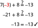 This figure shows why we can say the equation 7x plus 8 equals negative 13 is true when the variable x is replaced with the value negative 3. The first line shows the equation with negative 3 substituted in for x: 7 times negative 3 plus 8 might equal negative 13. Below this is the equation negative 21 plus 8 might equal negative 13. Below this is the equation negative 13 equals negative 13, with a check mark next to it.