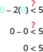 The figure shows the inequality 0 minus 2 times 0 in parentheses is less than 5, with a question mark above the inequality symbol. The next line shows 0 minus 0 is less than 5, with a question mark above the inequality symbol. The third line shows 0 is less than 5.