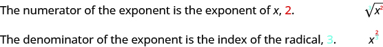 This figure says, “The numerator of the exponent is the exponent of x, 2.” It then shows the cubed root of x squared. The figure then reads, “The denominator of the exponent is the index of the radical, 3.” It then shows y to the 2/3 power.