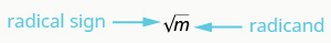 This figure is a picture of an m inside a square root sign. The sign is labeled as a radical sign and the m is labeled as the radicand.