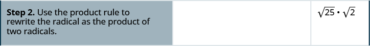 The second row says, “Step 2. Use the product rule to rewrite the radical as the product of two radicals.” The second column is empty, but the third column shows the square root of 25 times the square root of 2.