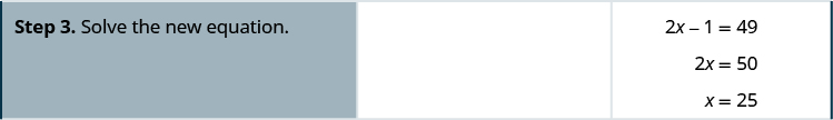 The third row then says, “Step 3. Solve the new equation.” It indicates that 2x minus 1 equals 49 or 2x equals 50 which means that x equals 25.