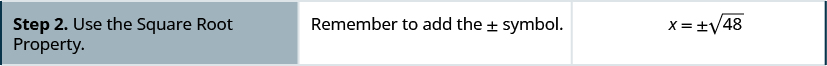 Step two is to use the Square Root Property to get x equals plus or minus the square root of 48.
