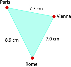 This is an image of a triangle. Clockwise beginning at the top, each vertex is labeled. The top vertex is labeled “Paris”, the next vertex is labeled “Vienna”, and the next vertex is labeled “Rome”. The distance from Paris to Vienna is 7.7 centimeters. The distance from Vienna to Rome is 7 centimeters. The distance from Rome to Paris is 8.9 centimeters.